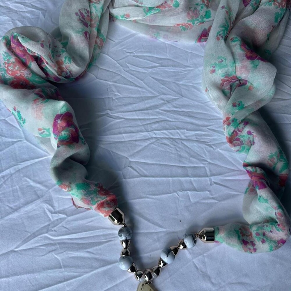 Floral Print Scarf Necklace Beaded Pendant